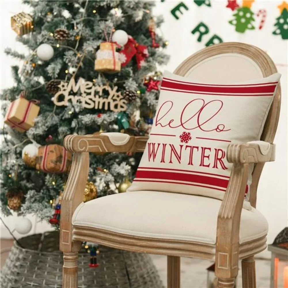 Merry Christmas Hello Winter Buffalo Plaid Snowflake Red Throw Pillow Cover